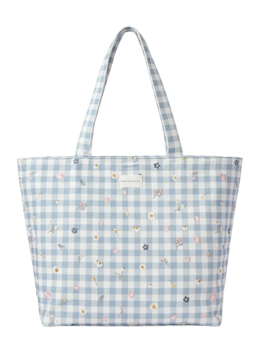 Poppy & Peonies Blue Gingham Tote